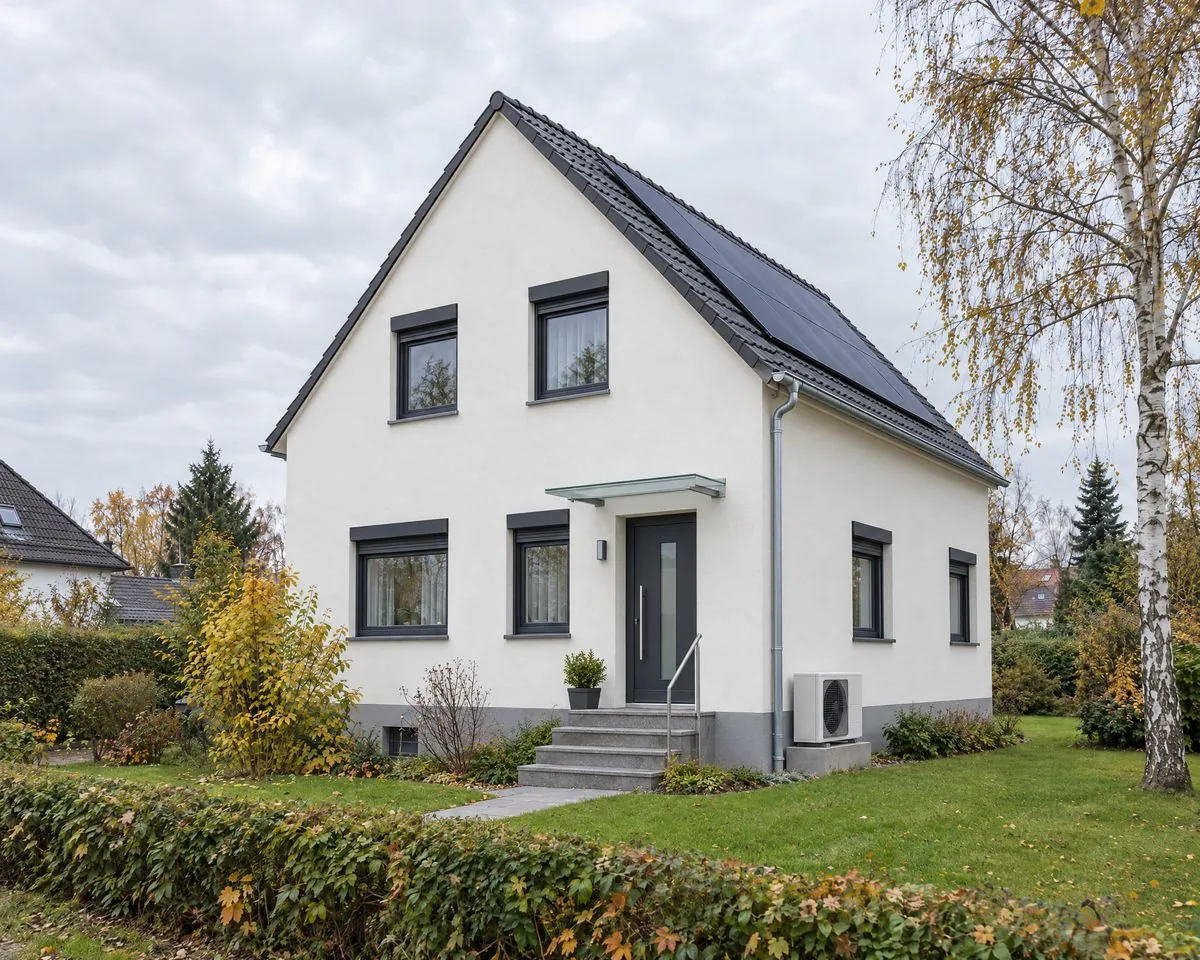 Dasselbe Haus nach der energetischen Sanierung: gedämmte helle Fassade, neue Fenster und Haustür, neues Dach mit Photovoltaik und eine Wärmepumpe neben dem Haus